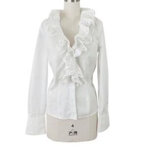 Ruffled Eyelet detail White Button Down by Escada